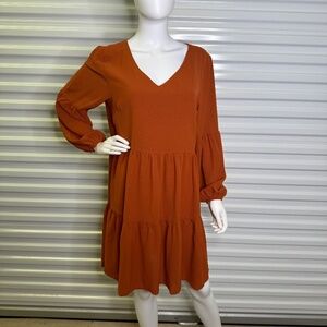 Rust Tiered Womens M Puff Long Sleeve Midi Boho Dress